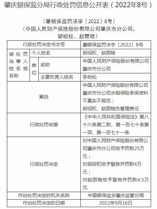 中国人民财产保险股份有限公司肇庆市分公司被罚25万元 涉及承保资料不真实不规范